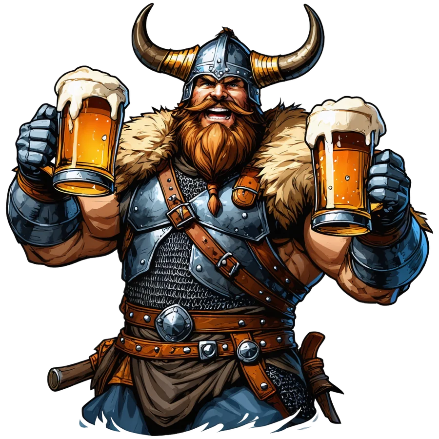 The Chuggernaut mascot raising two overflowing beer mugs in victory